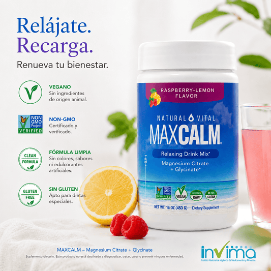 Max-Calm:  bebida antiestrés (Citrato de magnesio Iónico + Glicinato) - Sabor a frambuesa y limón