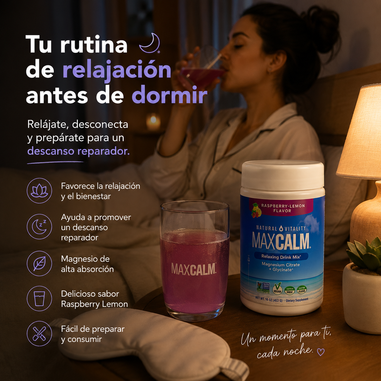MaxCalm:  bebida antiestrés (Citrato de magnesio Iónico + Glicinato) - Sabor a frambuesa y limón