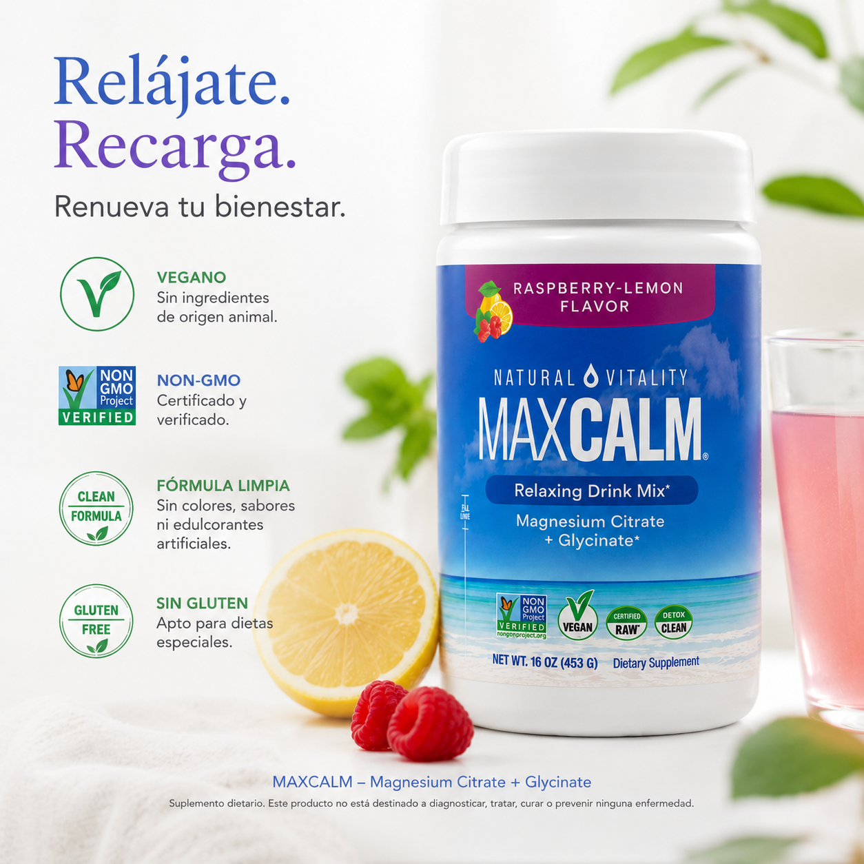 MaxCalm:  bebida antiestrés (Citrato de magnesio Iónico + Glicinato) - Sabor a frambuesa y limón