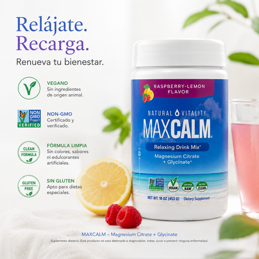MaxCalm:  bebida antiestrés (Citrato de magnesio Iónico + Glicinato) - Sabor a frambuesa y limón